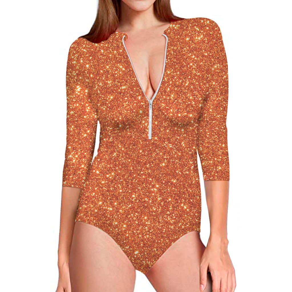 Orange Glitter Texture Print Long Sleeve One Piece Swimsuit