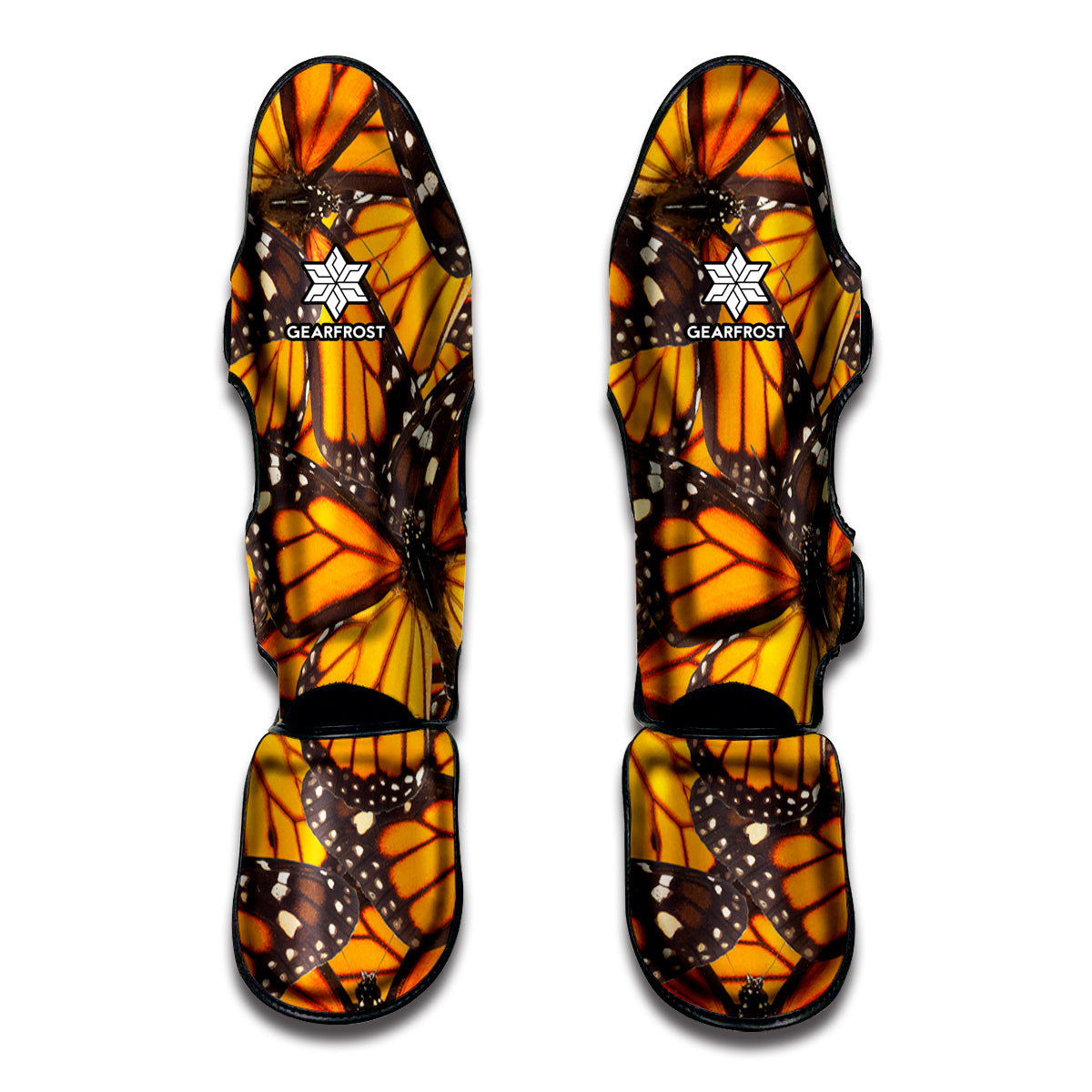 Orange Monarch Butterfly Pattern Print Muay Thai Shin Guards