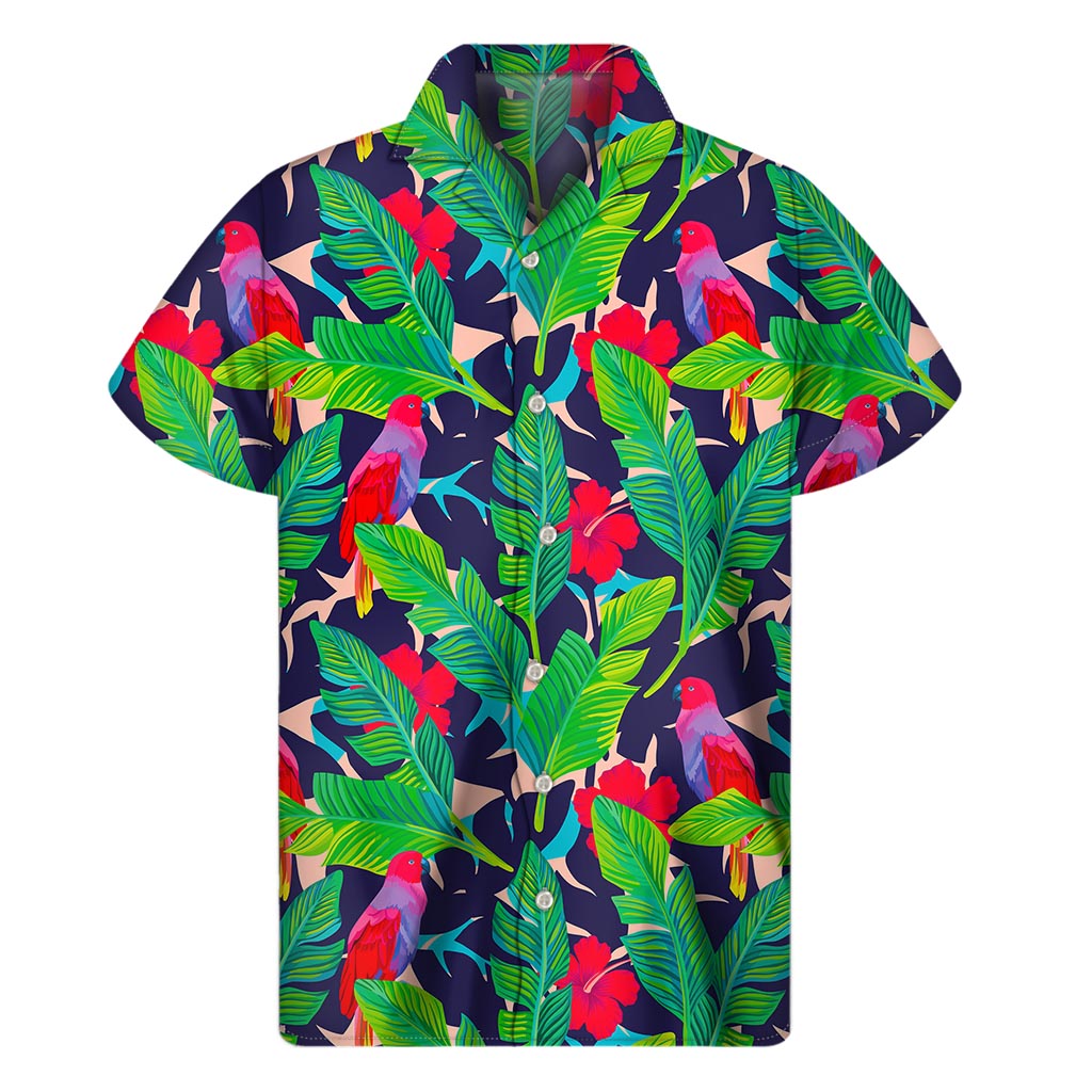 Parrot Banana Leaf Hawaii Pattern Print Men's Short Sleeve Shirt