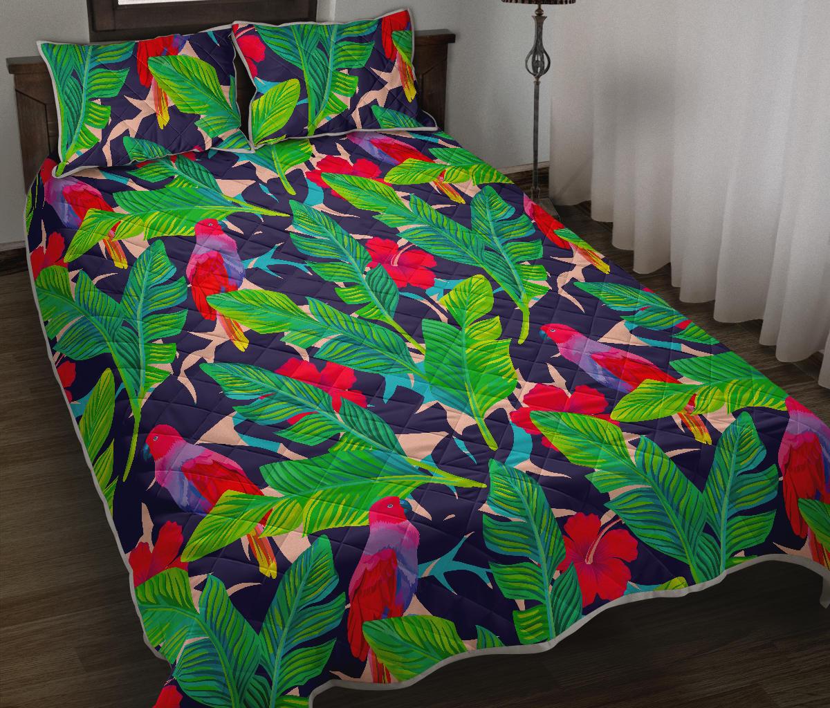 Parrot Banana Leaf Hawaii Pattern Print Quilt Bed Set
