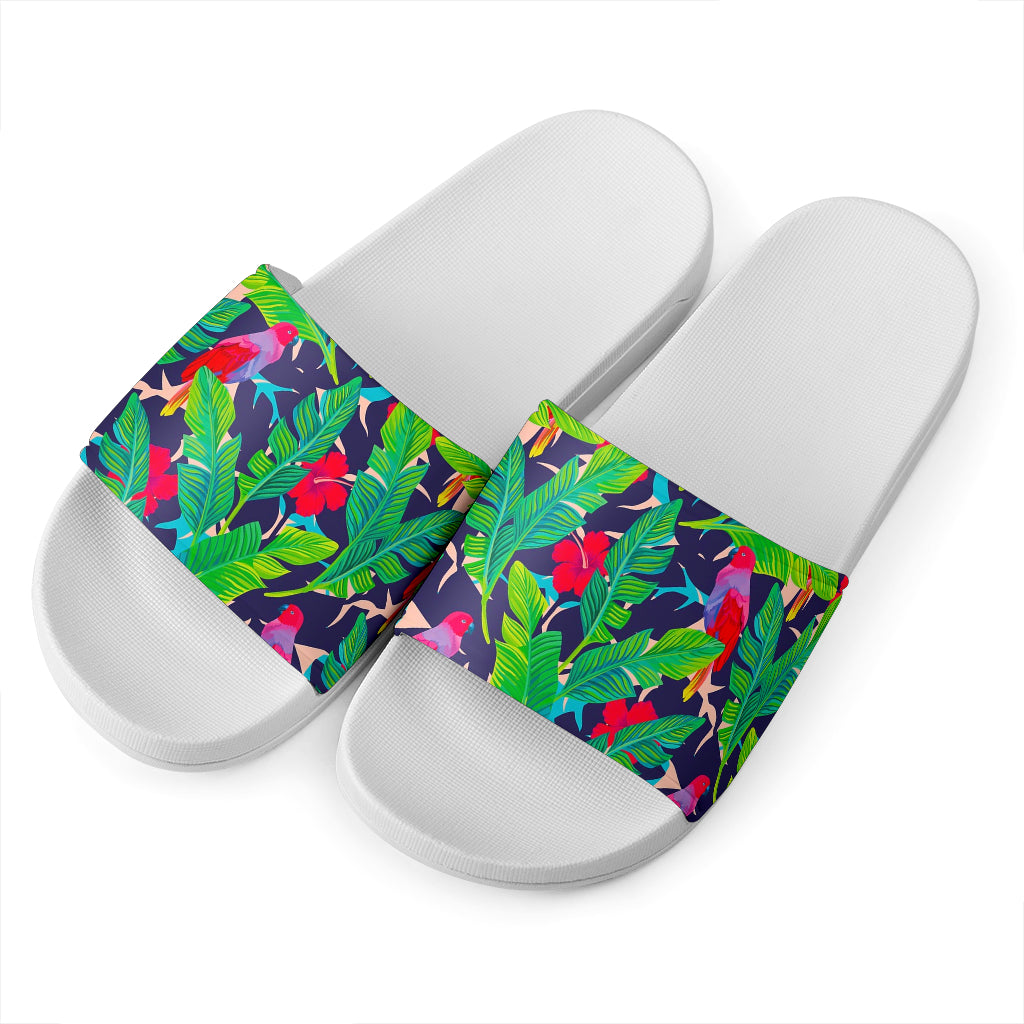 Parrot Banana Leaf Hawaii Pattern Print White Slide Sandals