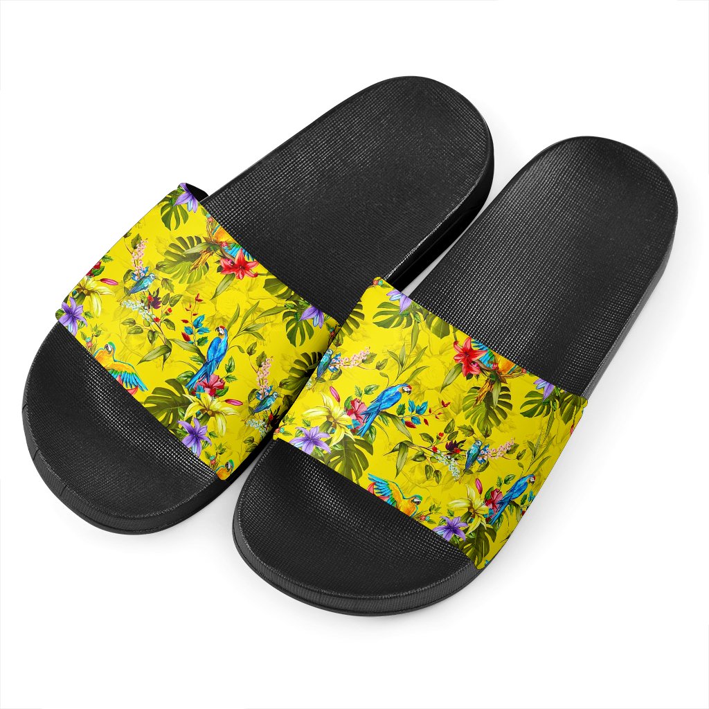 Parrot Tropical Pattern Print Black Slide Sandals