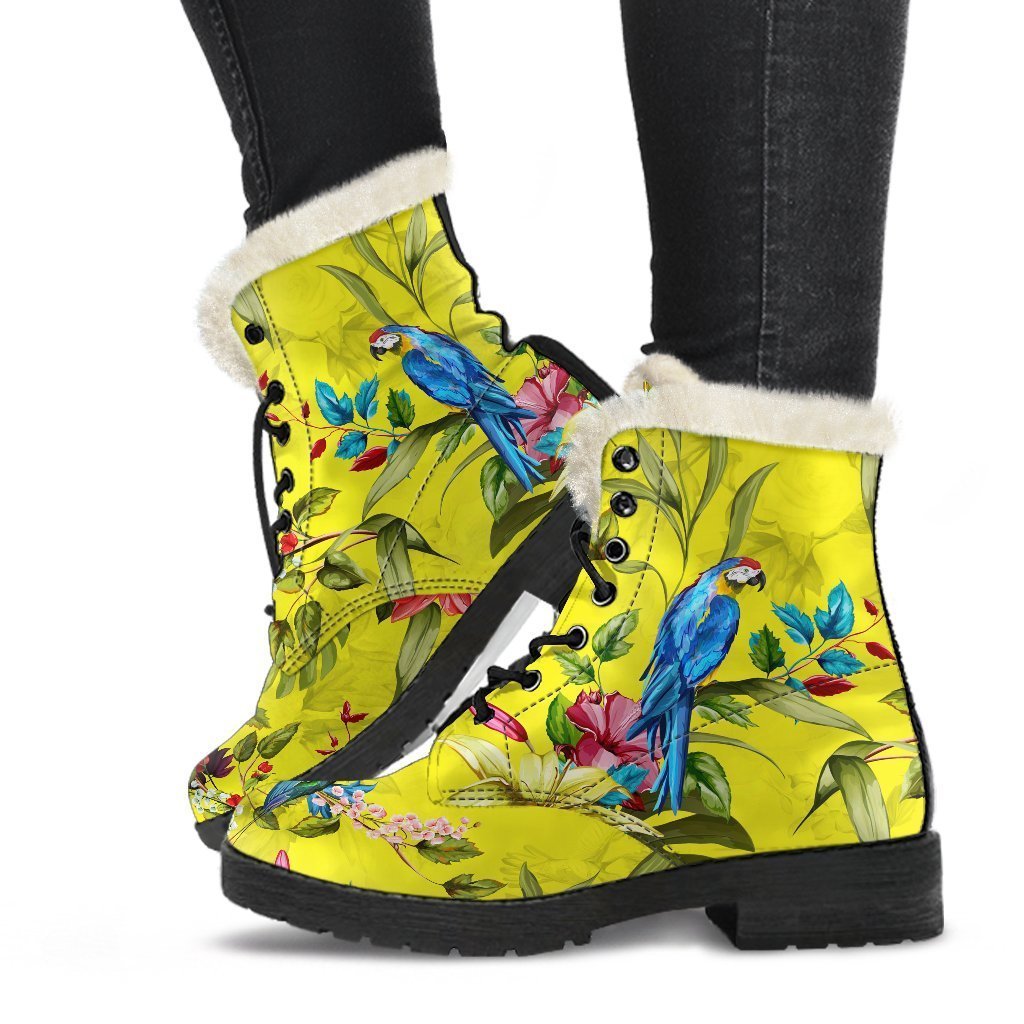 Parrot Tropical Pattern Print Faux Fur Leather Boots