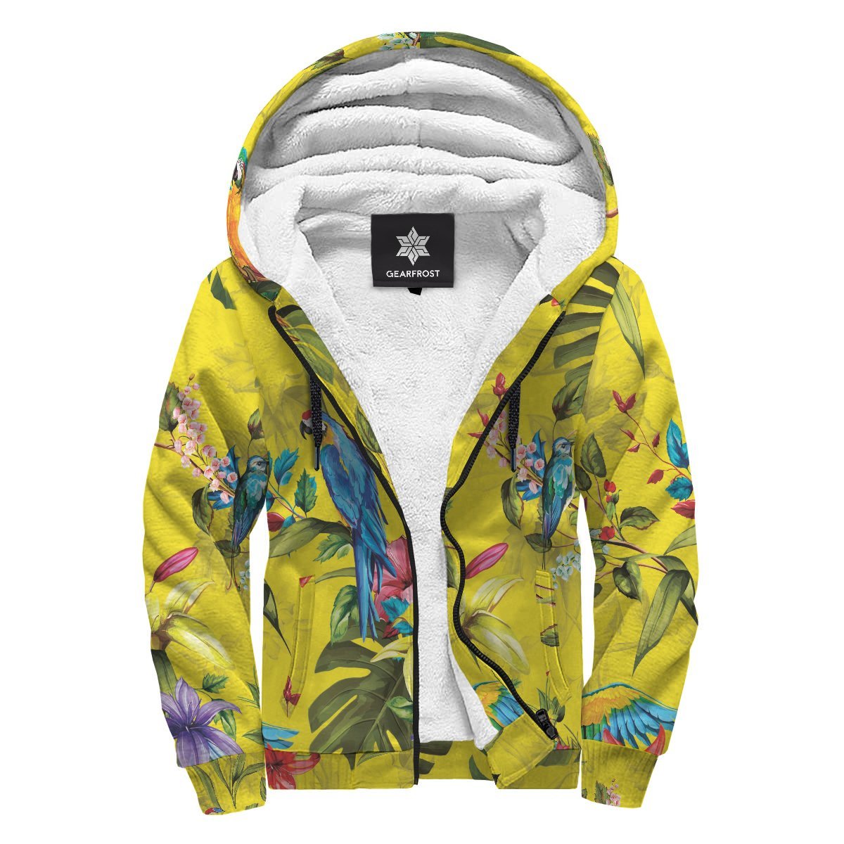 Parrot Tropical Pattern Print Sherpa Lined Fleece Hoodie