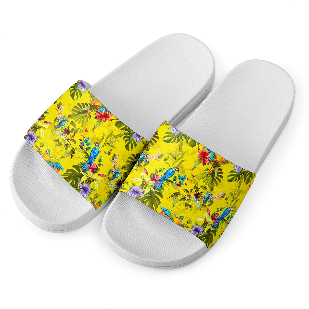 Parrot Tropical Pattern Print White Slide Sandals