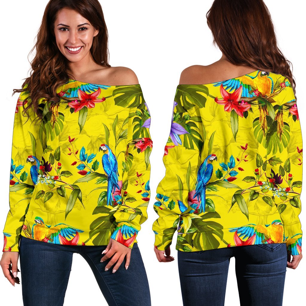 Parrot Tropical Pattern Print Women's Off-Shoulder Sweatshirt