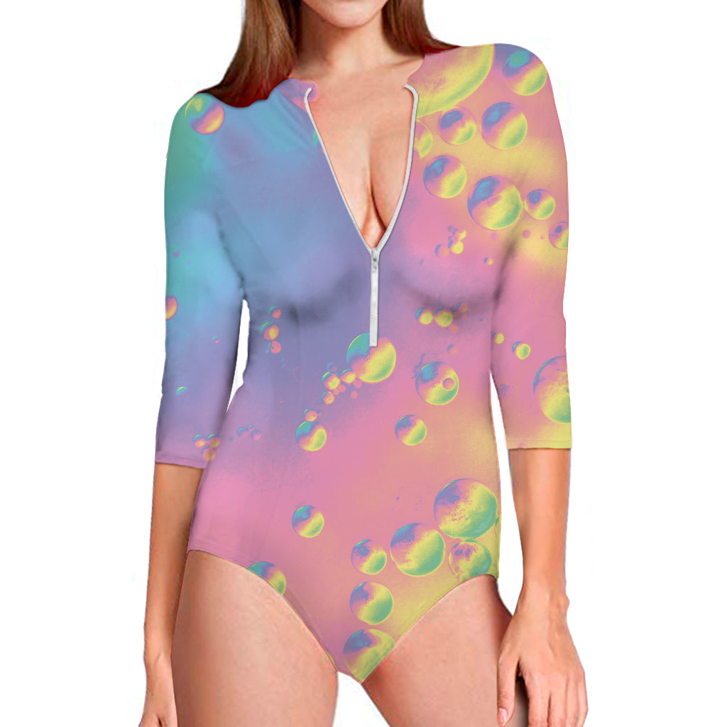 Pastel Acid Melt Print Long Sleeve One Piece Swimsuit