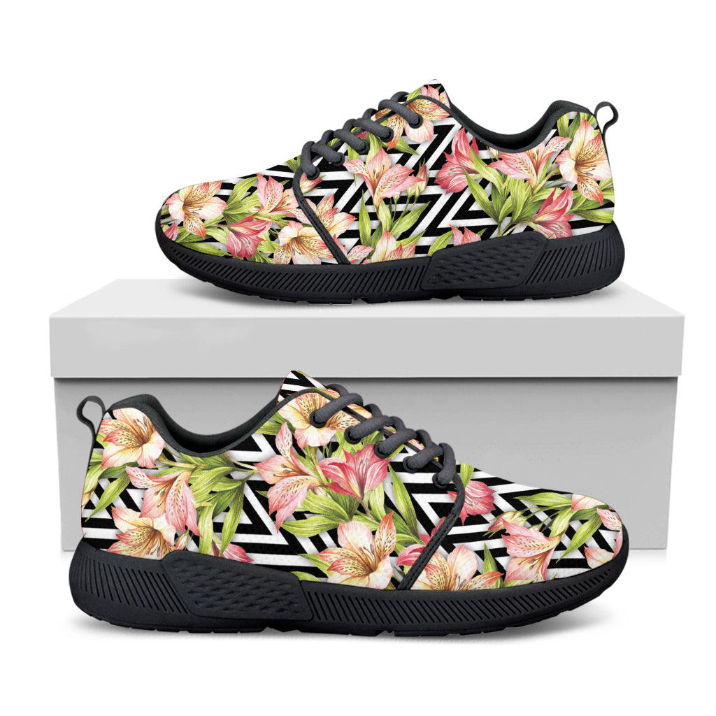 Pastel Alstroemeria Zigzag Pattern Print Black Athletic Shoes