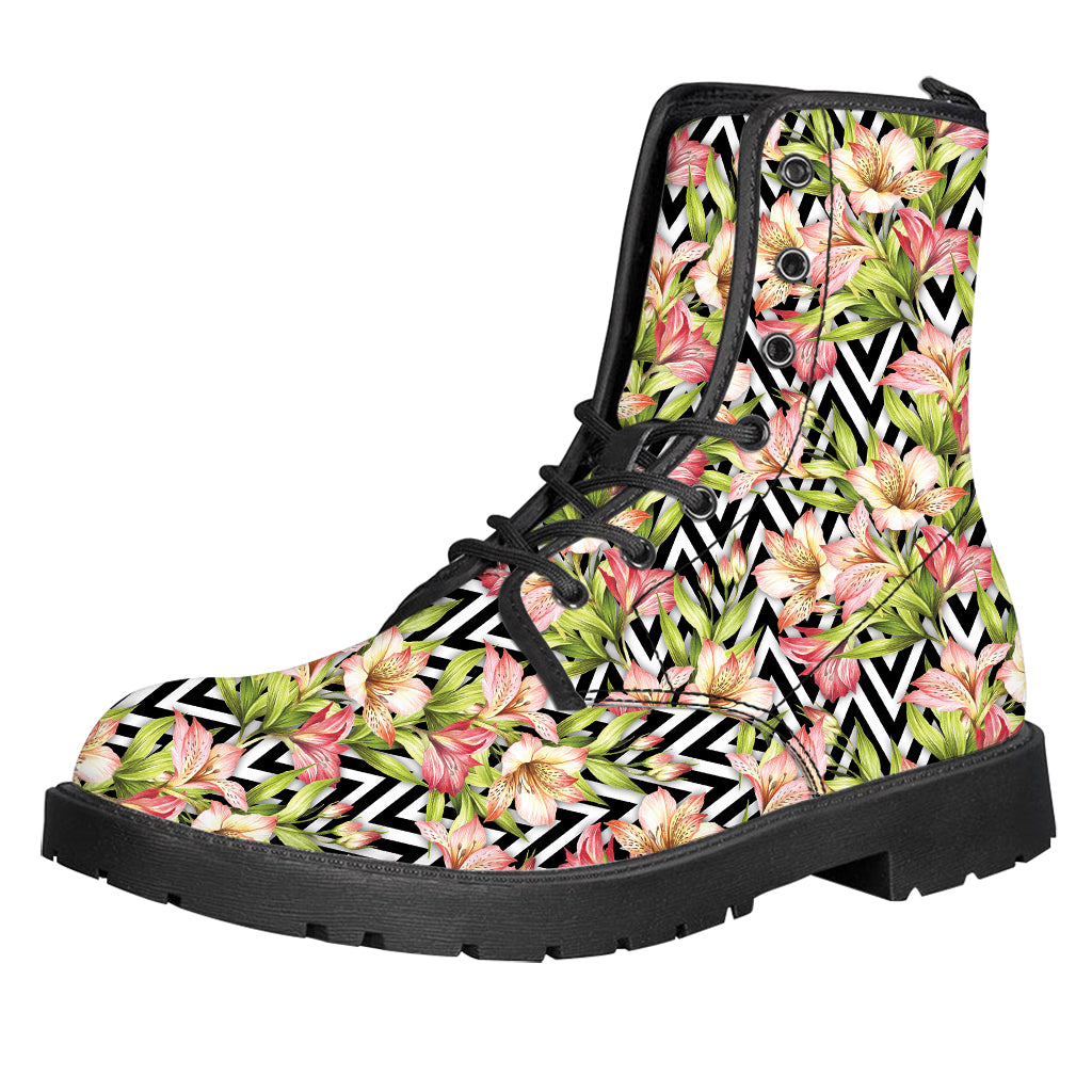 Pastel Alstroemeria Zigzag Pattern Print Leather Boots