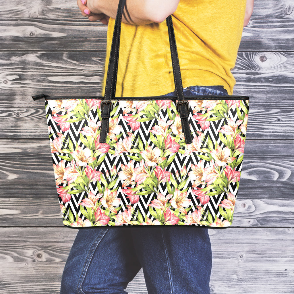 Pastel Alstroemeria Zigzag Pattern Print Leather Tote Bag