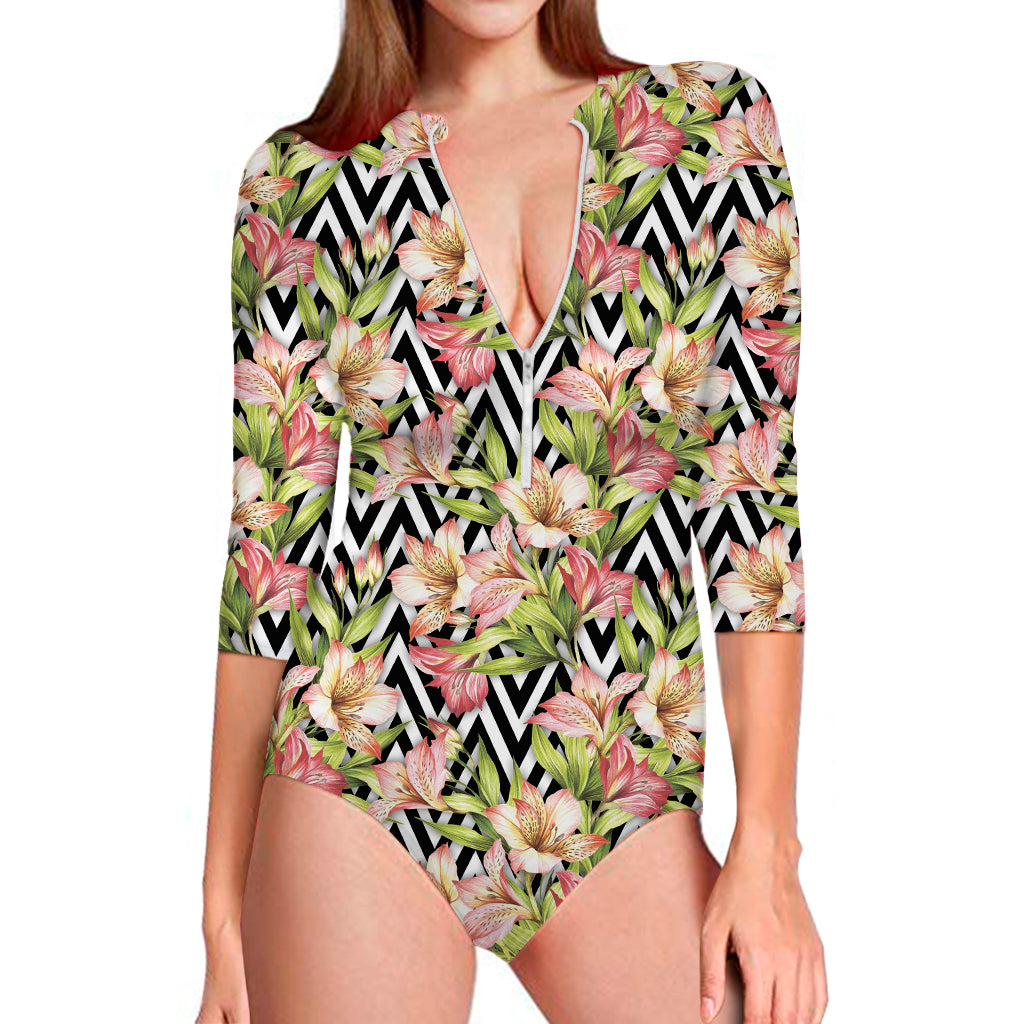 Pastel Alstroemeria Zigzag Pattern Print Long Sleeve One Piece Swimsuit