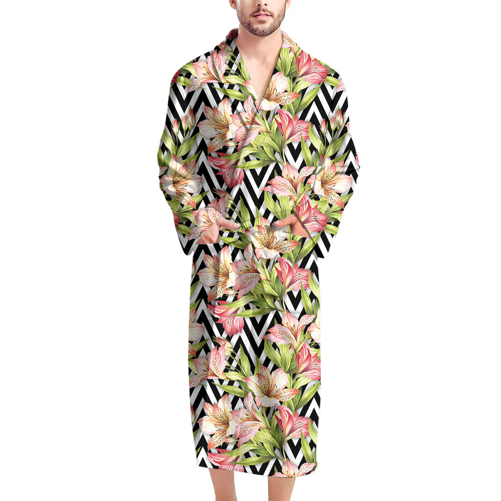 Pastel Alstroemeria Zigzag Pattern Print Men's Bathrobe