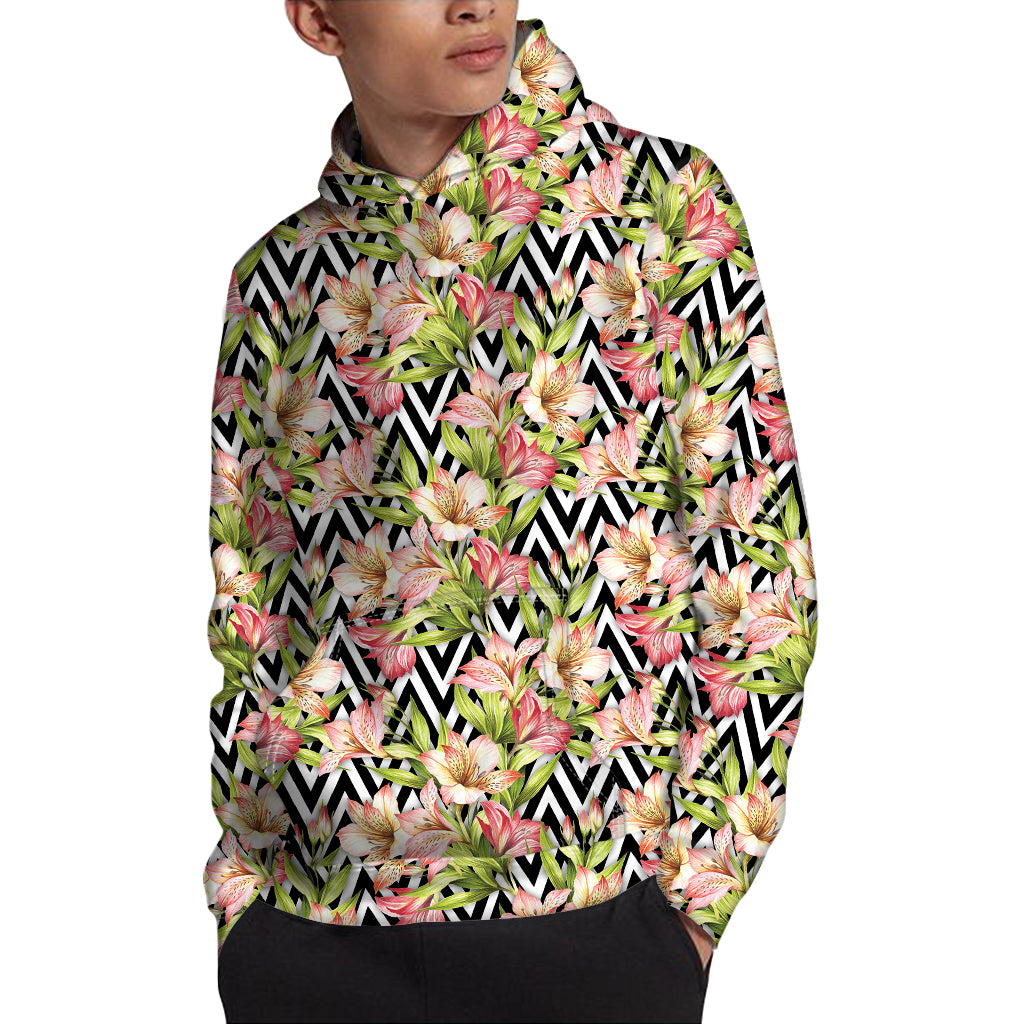 Pastel Alstroemeria Zigzag Pattern Print Pullover Hoodie