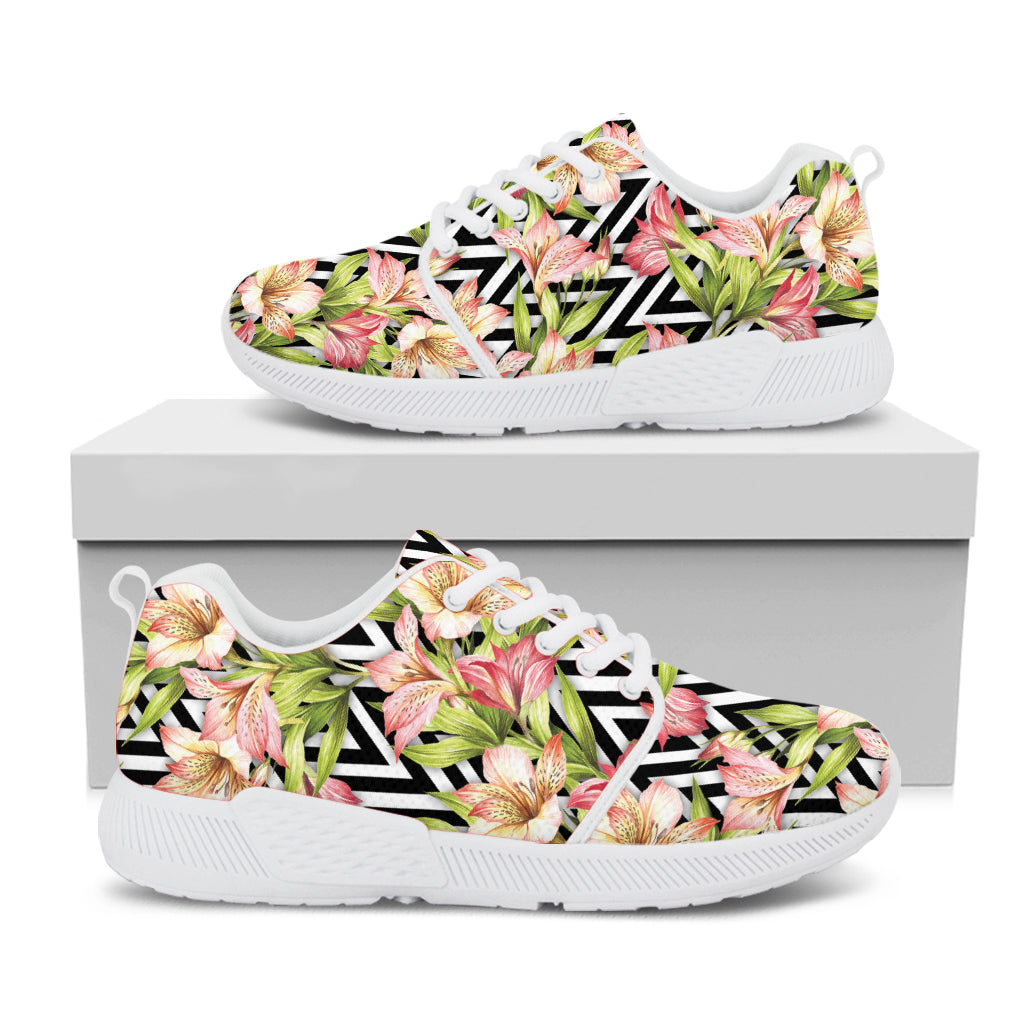 Pastel Alstroemeria Zigzag Pattern Print White Athletic Shoes