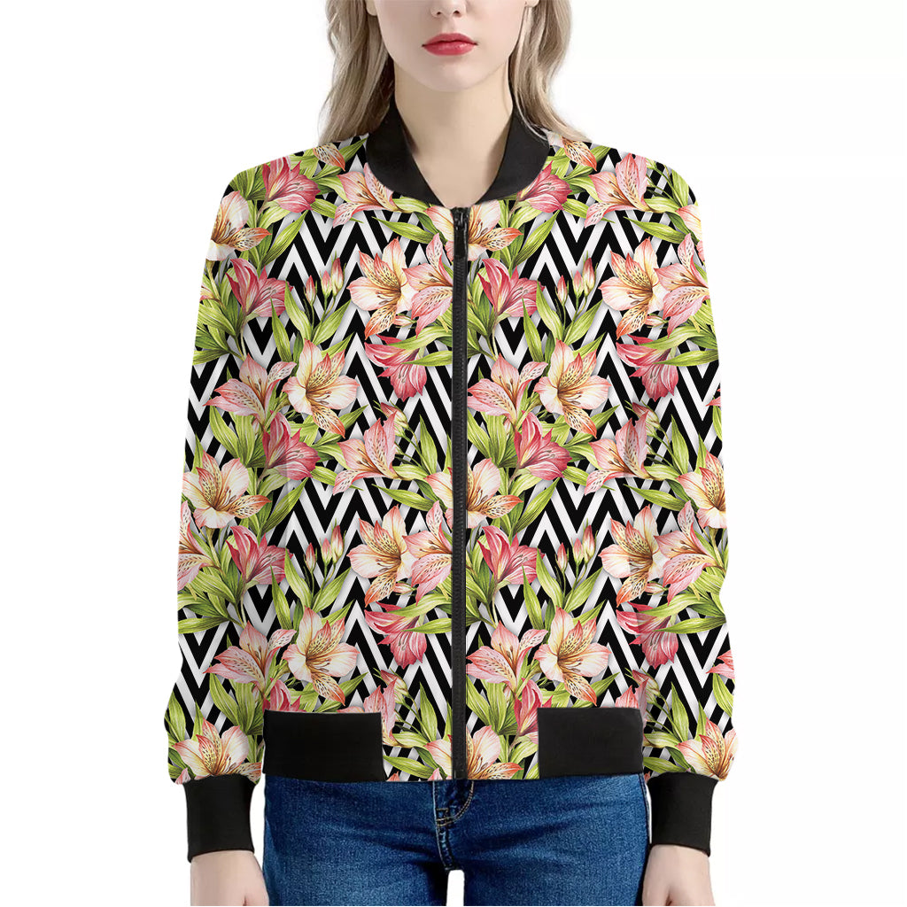 Pastel Alstroemeria Zigzag Pattern Print Women's Bomber Jacket