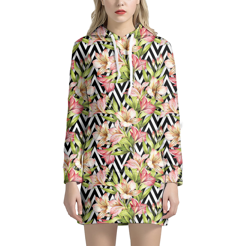 Pastel Alstroemeria Zigzag Pattern Print Women's Pullover Hoodie Dress