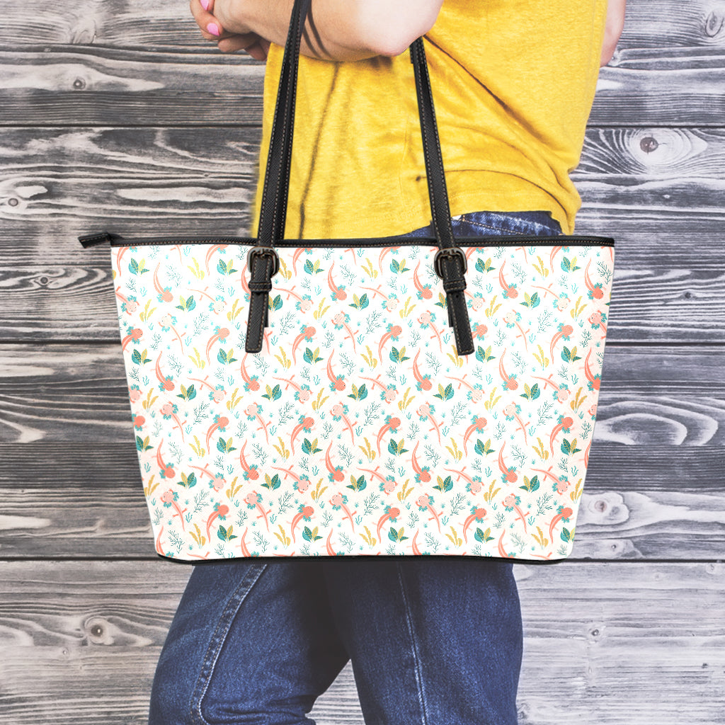 Pastel Axolotl Pattern Print Leather Tote Bag