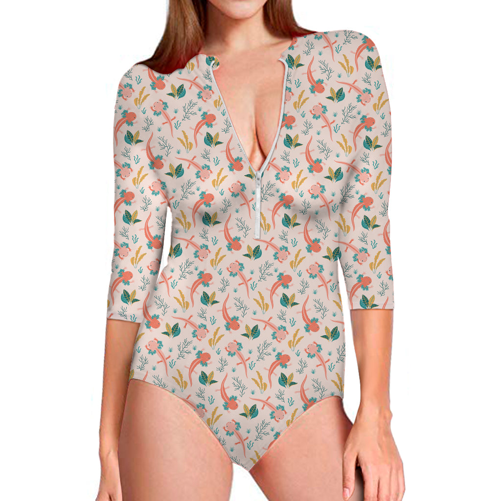 Pastel Axolotl Pattern Print Long Sleeve One Piece Swimsuit