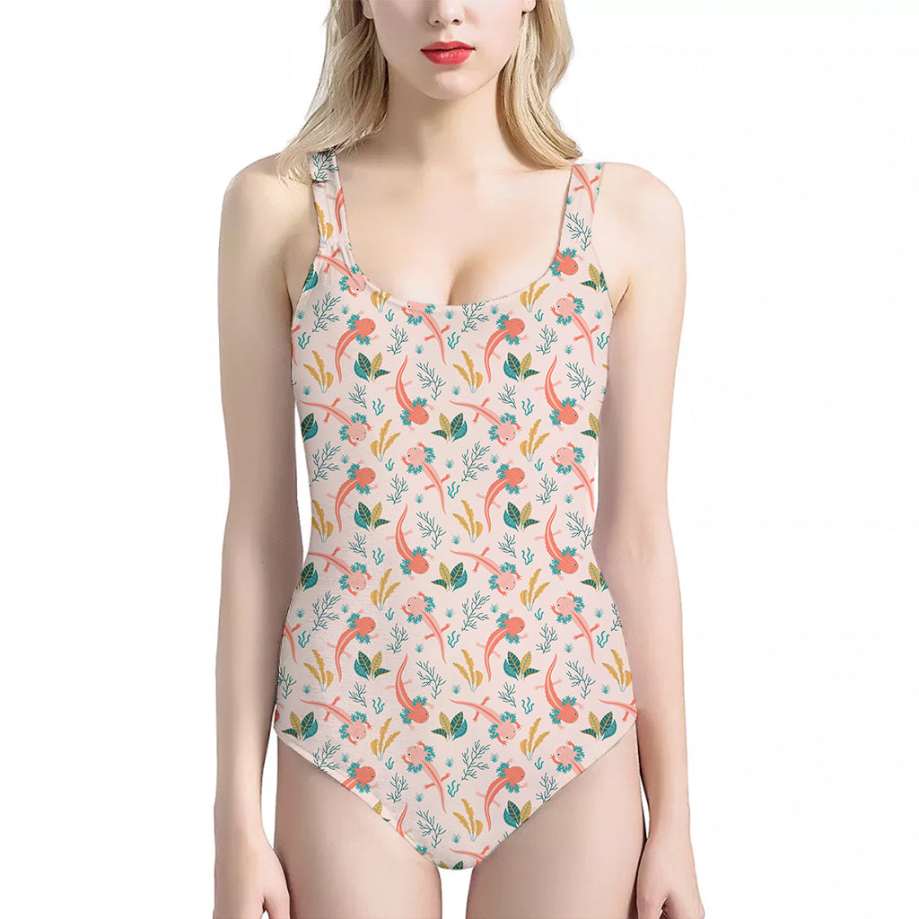 Pastel Axolotl Pattern Print One Piece Halter Neck Swimsuit