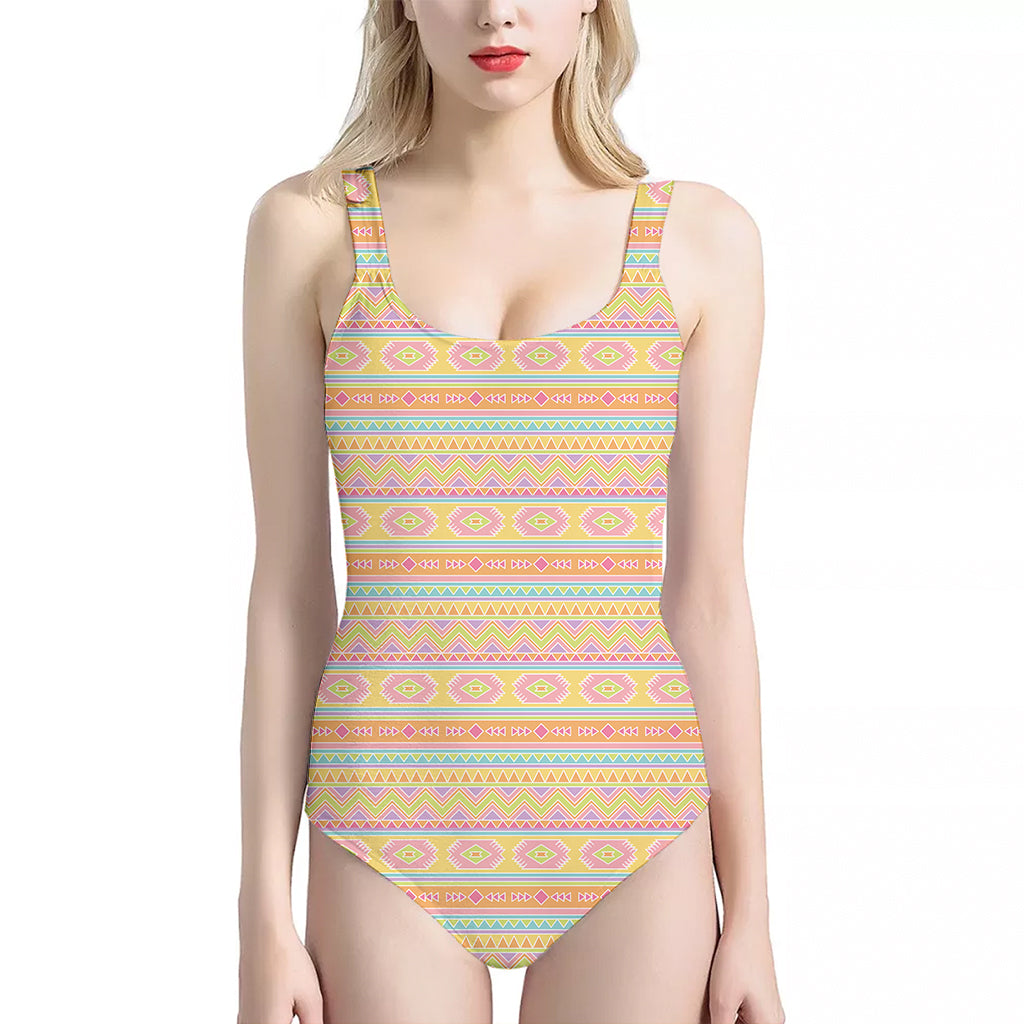 Pastel Aztec Tribal Pattern Print One Piece Halter Neck Swimsuit