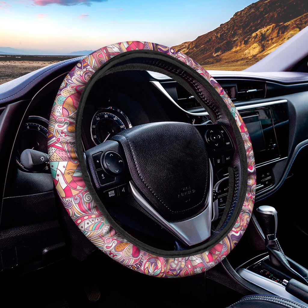 Pastel Bohemian Floral Pattern Print Car Steering Wheel Cover