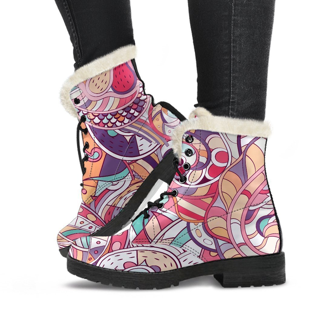 Pastel Bohemian Floral Pattern Print Faux Fur Leather Boots