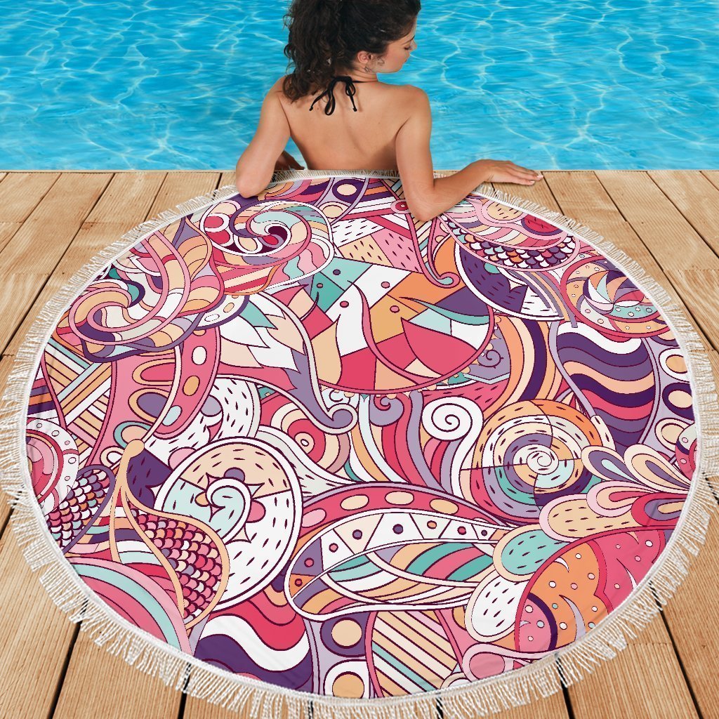 Pastel Bohemian Floral Pattern Print Round Beach Blanket