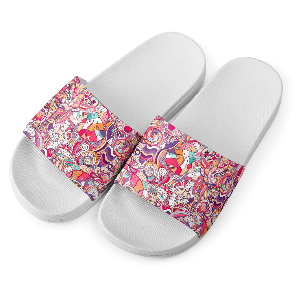 Pastel Bohemian Floral Pattern Print White Slide Sandals