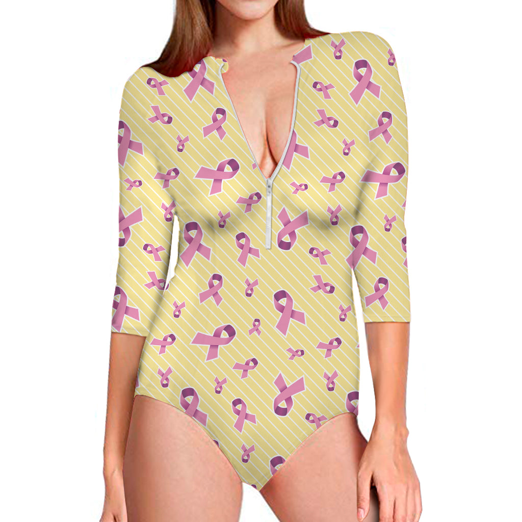 Pastel Breast Cancer Awareness Print Long Sleeve One Piece Swimsuit