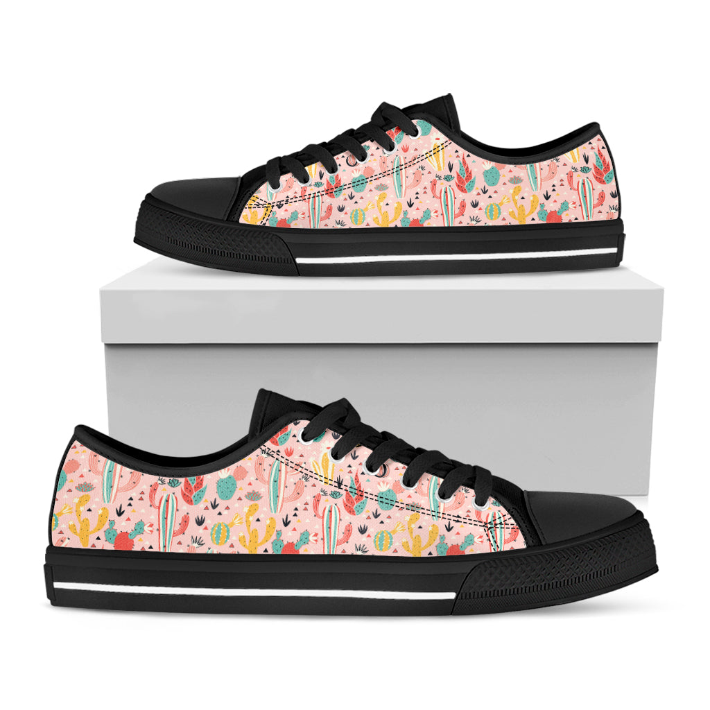 Pastel Cactus And Succulent Print Black Low Top Shoes