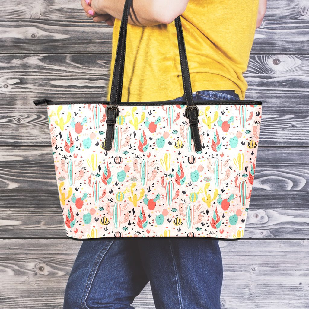 Pastel Cactus And Succulent Print Leather Tote Bag