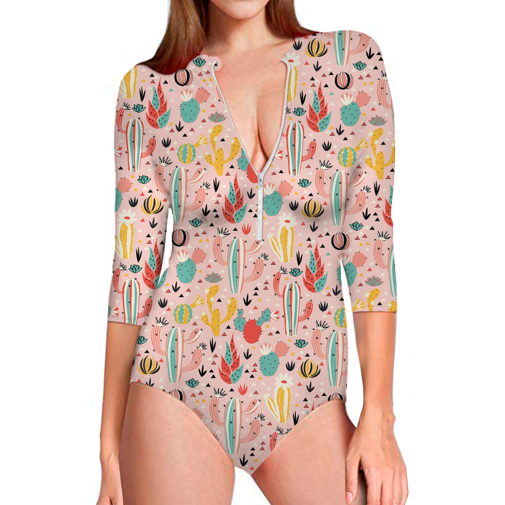 Pastel Cactus And Succulent Print Long Sleeve One Piece Swimsuit