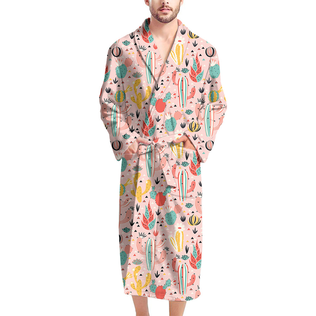 Pastel Cactus And Succulent Print Men's Bathrobe