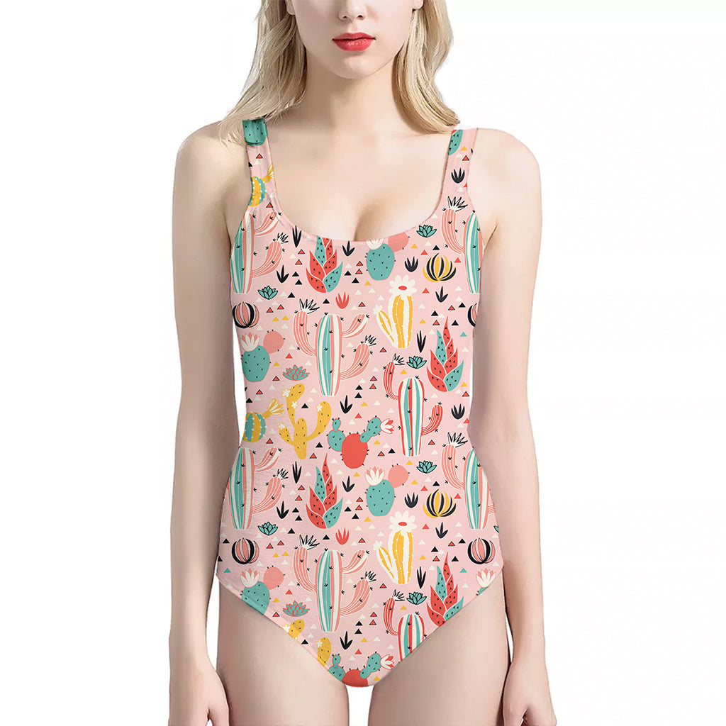 Pastel Cactus And Succulent Print One Piece Halter Neck Swimsuit