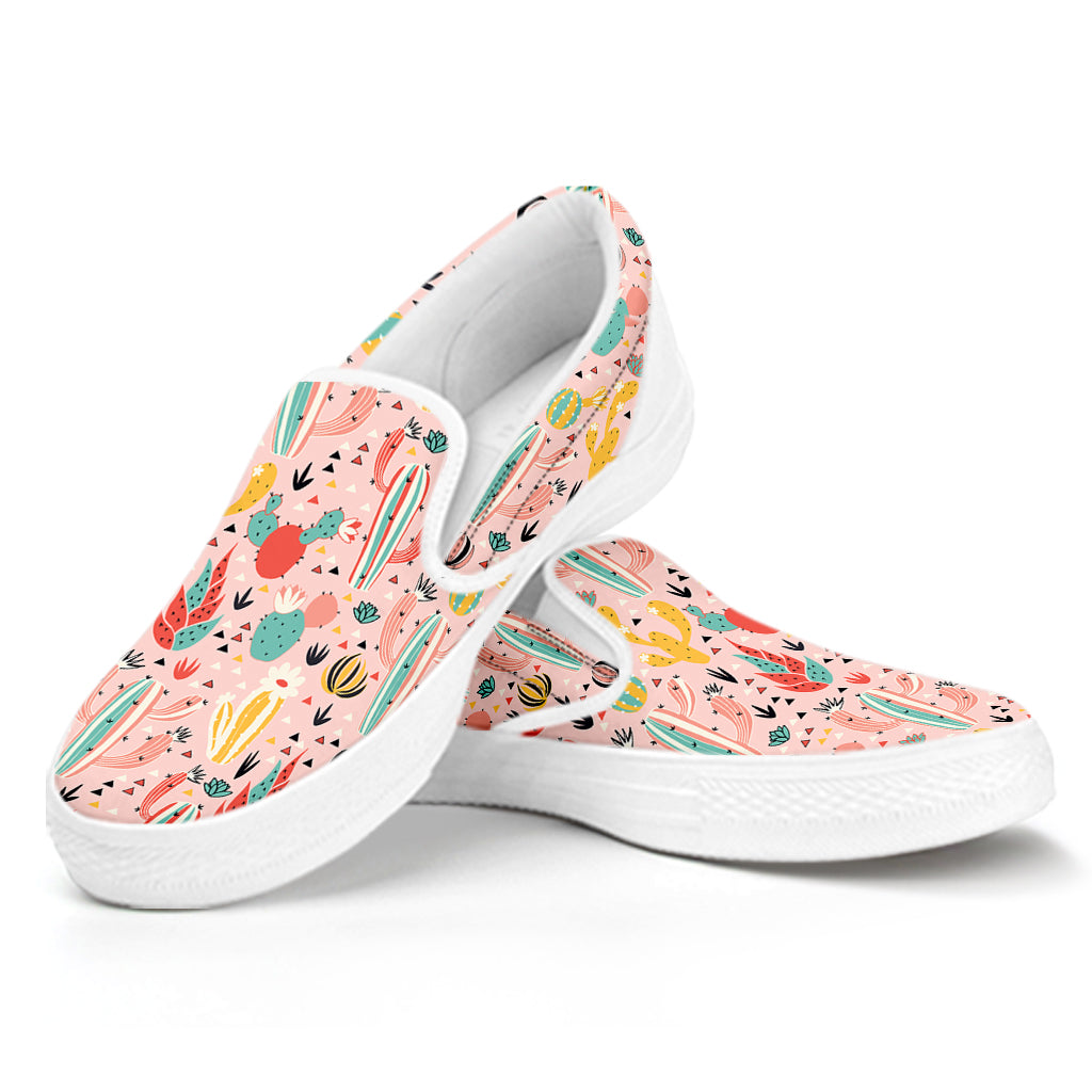 Pastel Cactus And Succulent Print White Slip On Shoes