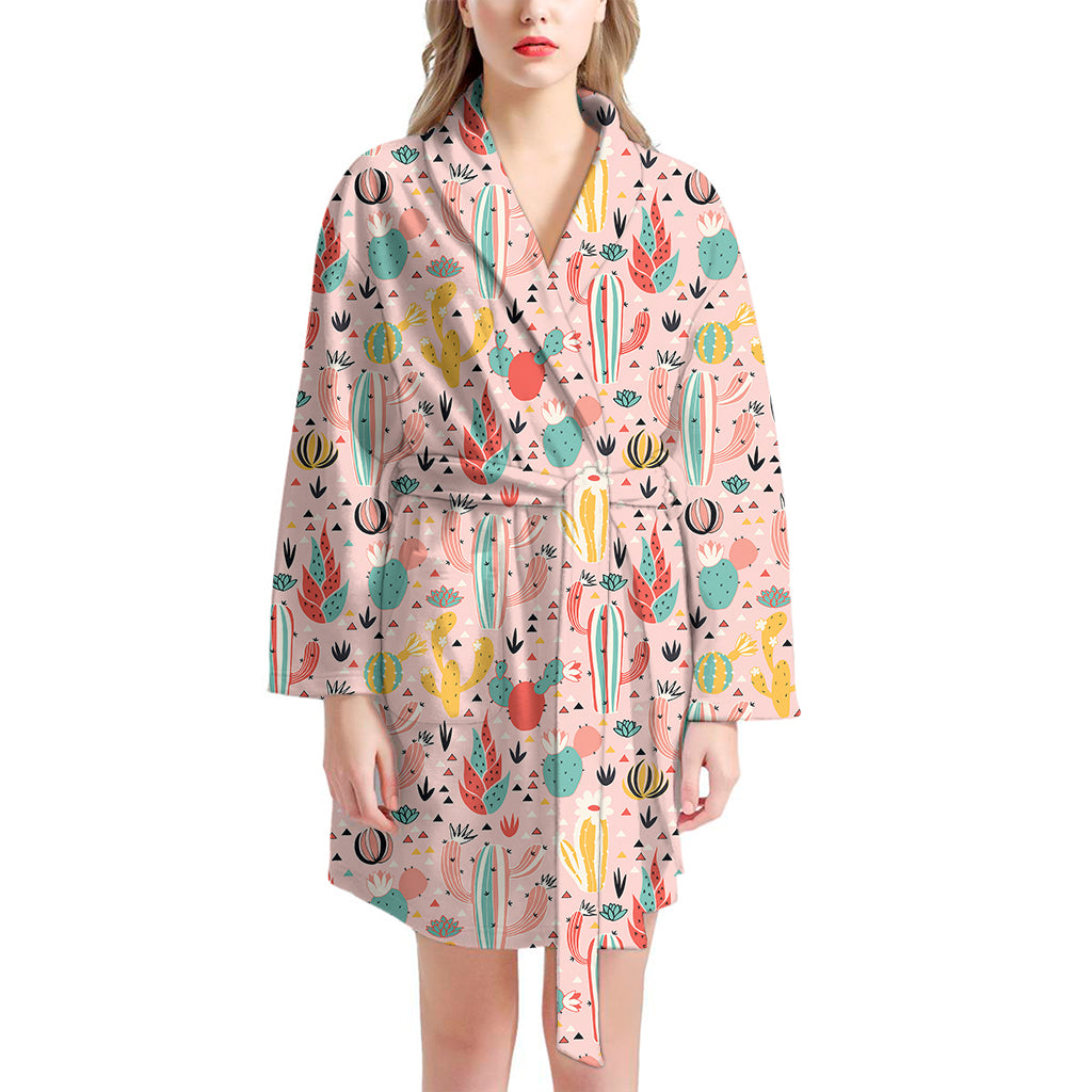 Pastel Cactus And Succulent Print Women's Bathrobe