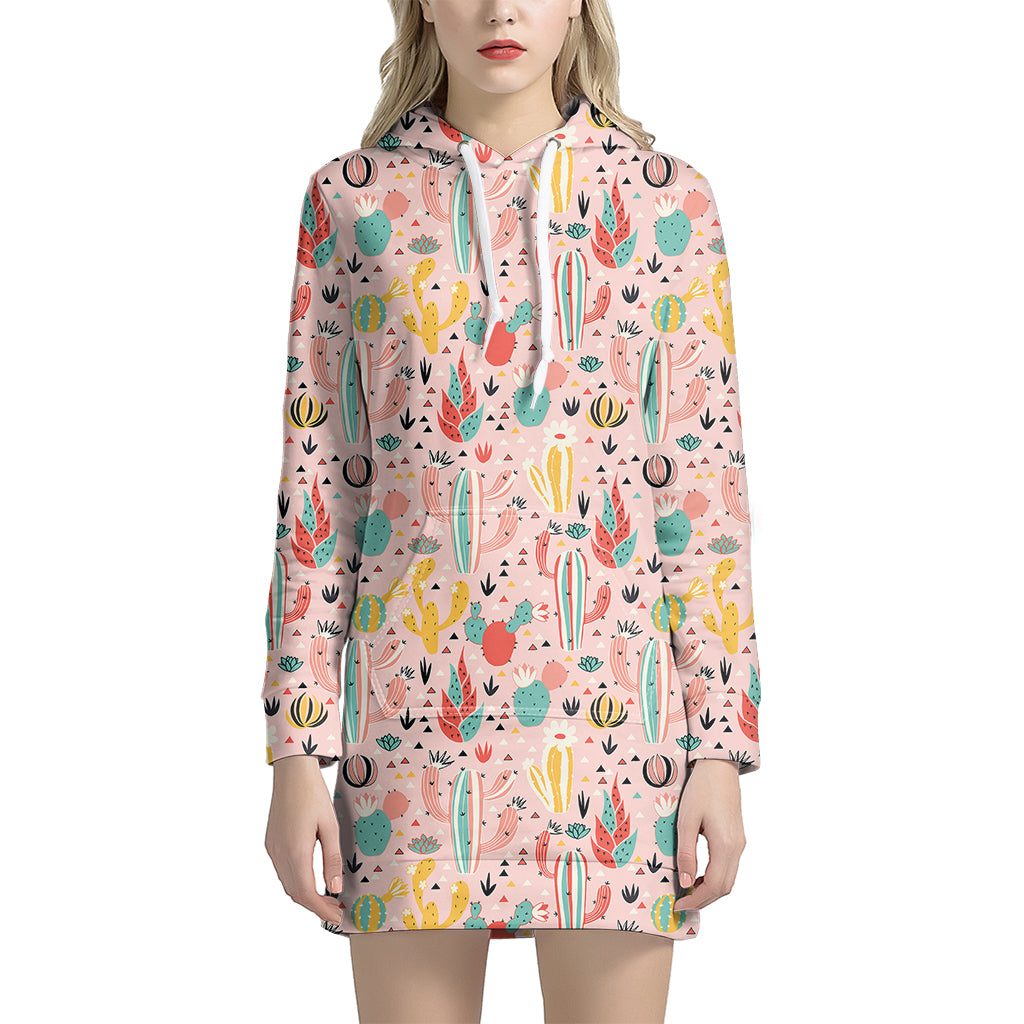 Pastel Cactus And Succulent Print Women's Pullover Hoodie Dress