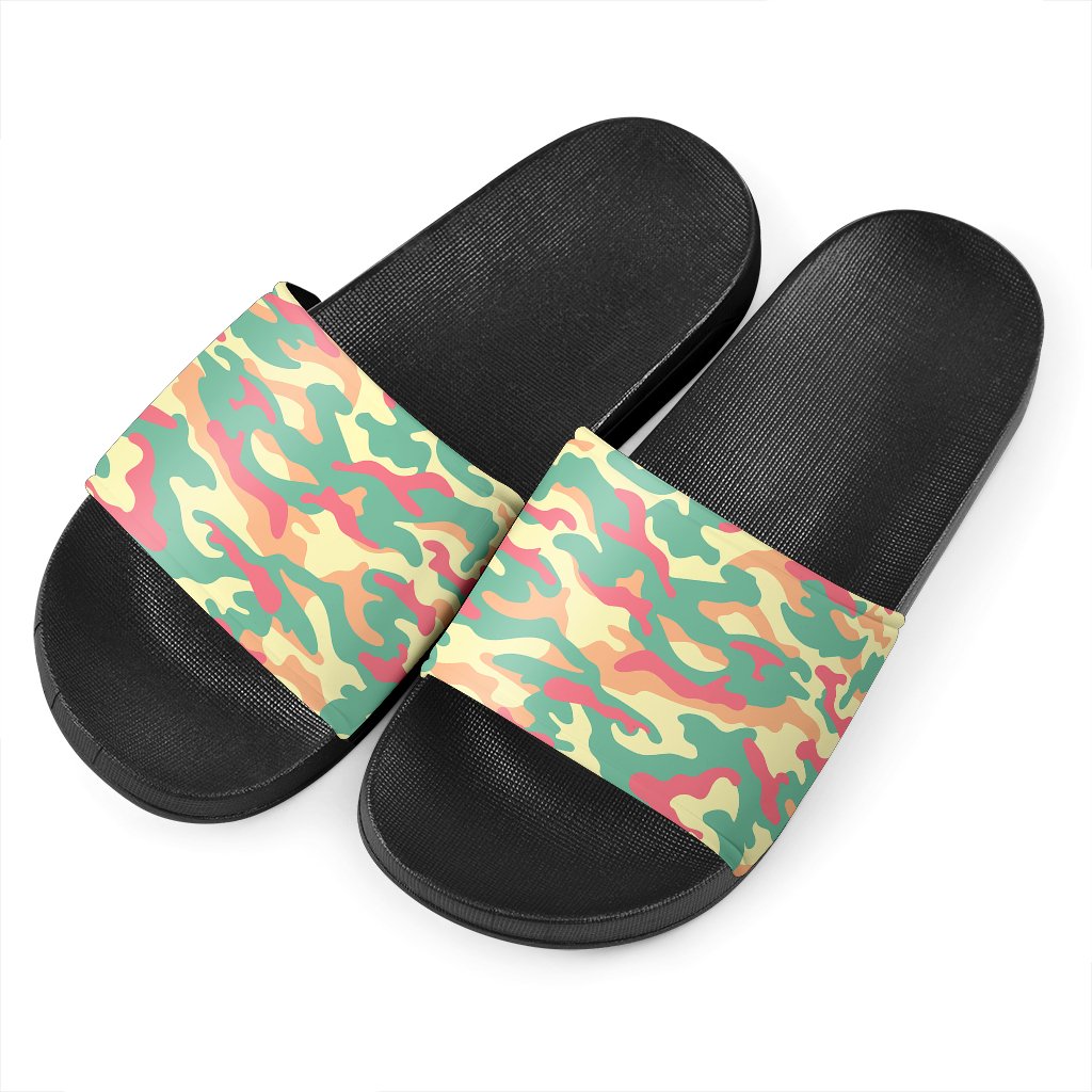 Pastel Camouflage Print Black Slide Sandals