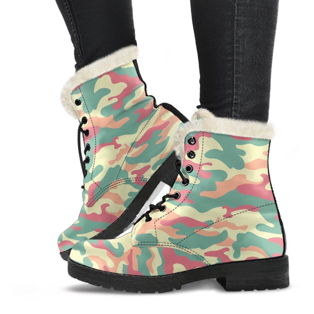 Pastel Camouflage Print Faux Fur Leather Boots