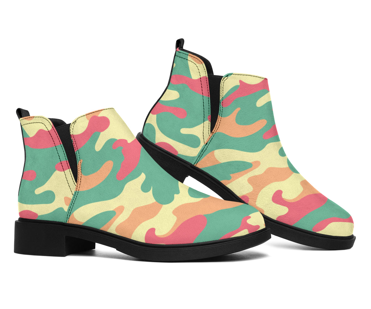 Pastel Camouflage Print Flat Ankle Boots