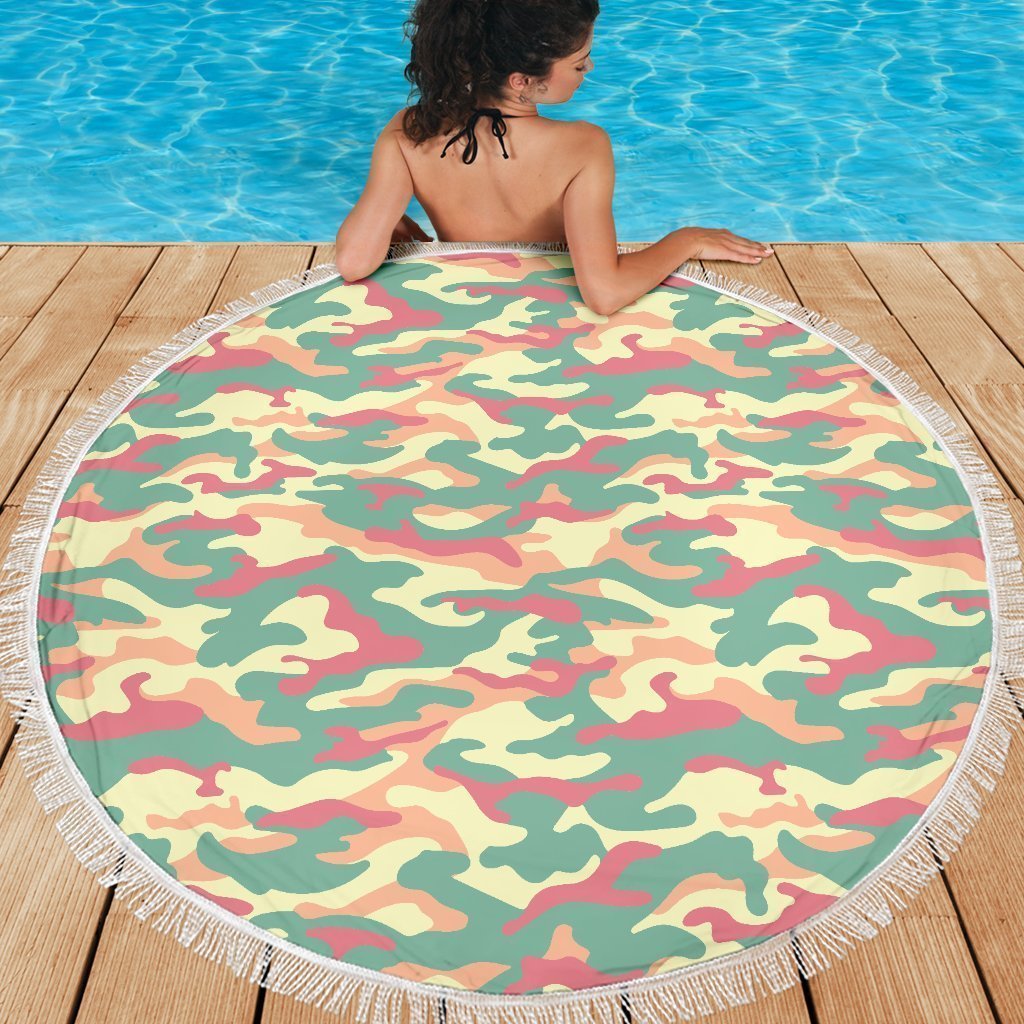 Pastel Camouflage Print Round Beach Blanket