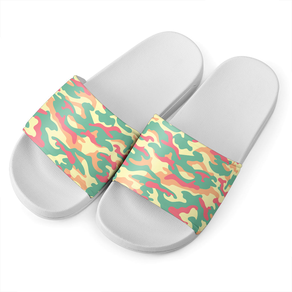 Pastel Camouflage Print White Slide Sandals