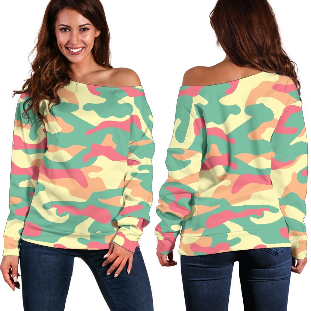 Pastel Camouflage Print Women's Off-Shoulder Sweatshirt