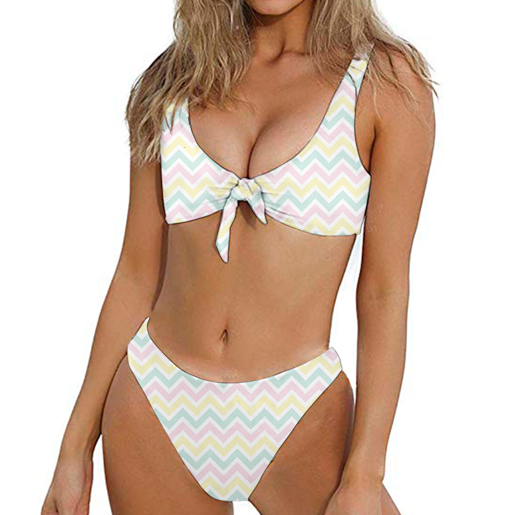 Pastel Chevron Pattern Print Front Bow Tie Bikini