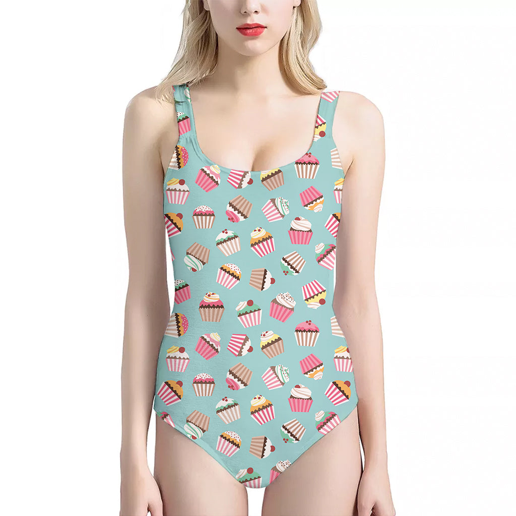 Pastel Cupcake Pattern Print One Piece Halter Neck Swimsuit