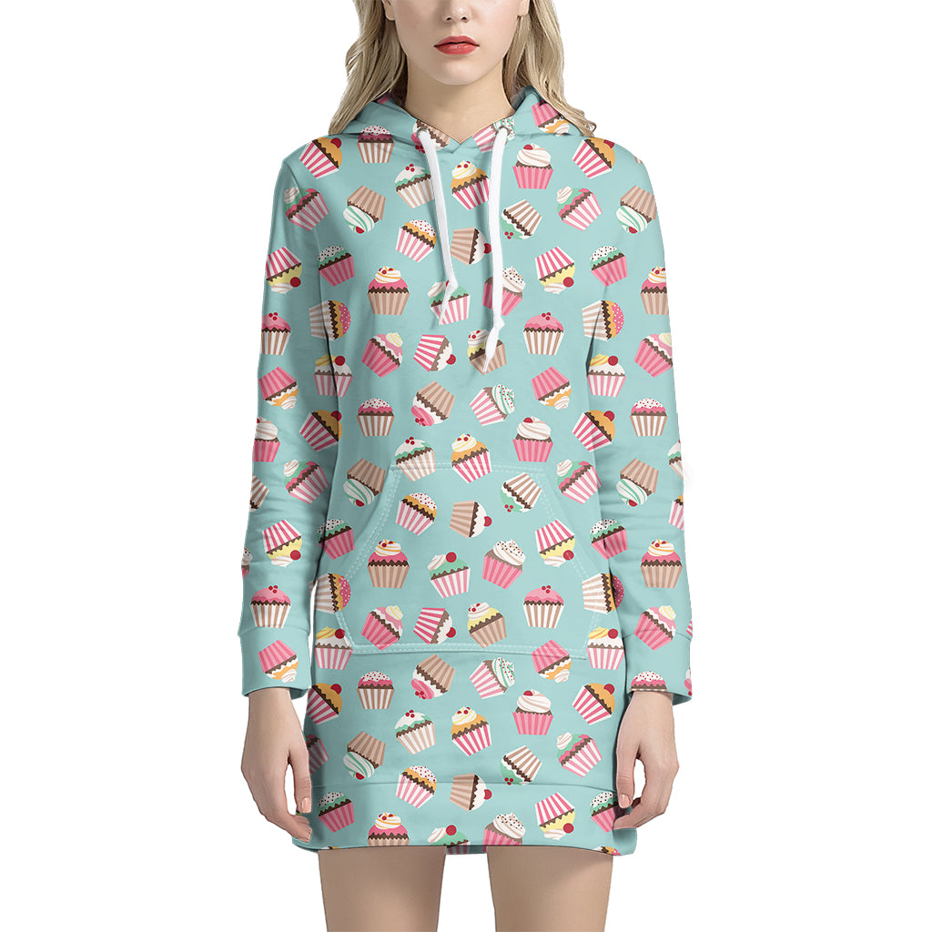 Pastel Cupcake Pattern Print Women's Pullover Hoodie Dress