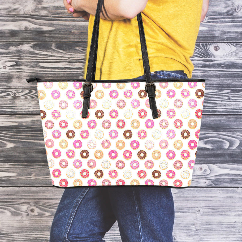 Pastel Donut Pattern Print Leather Tote Bag