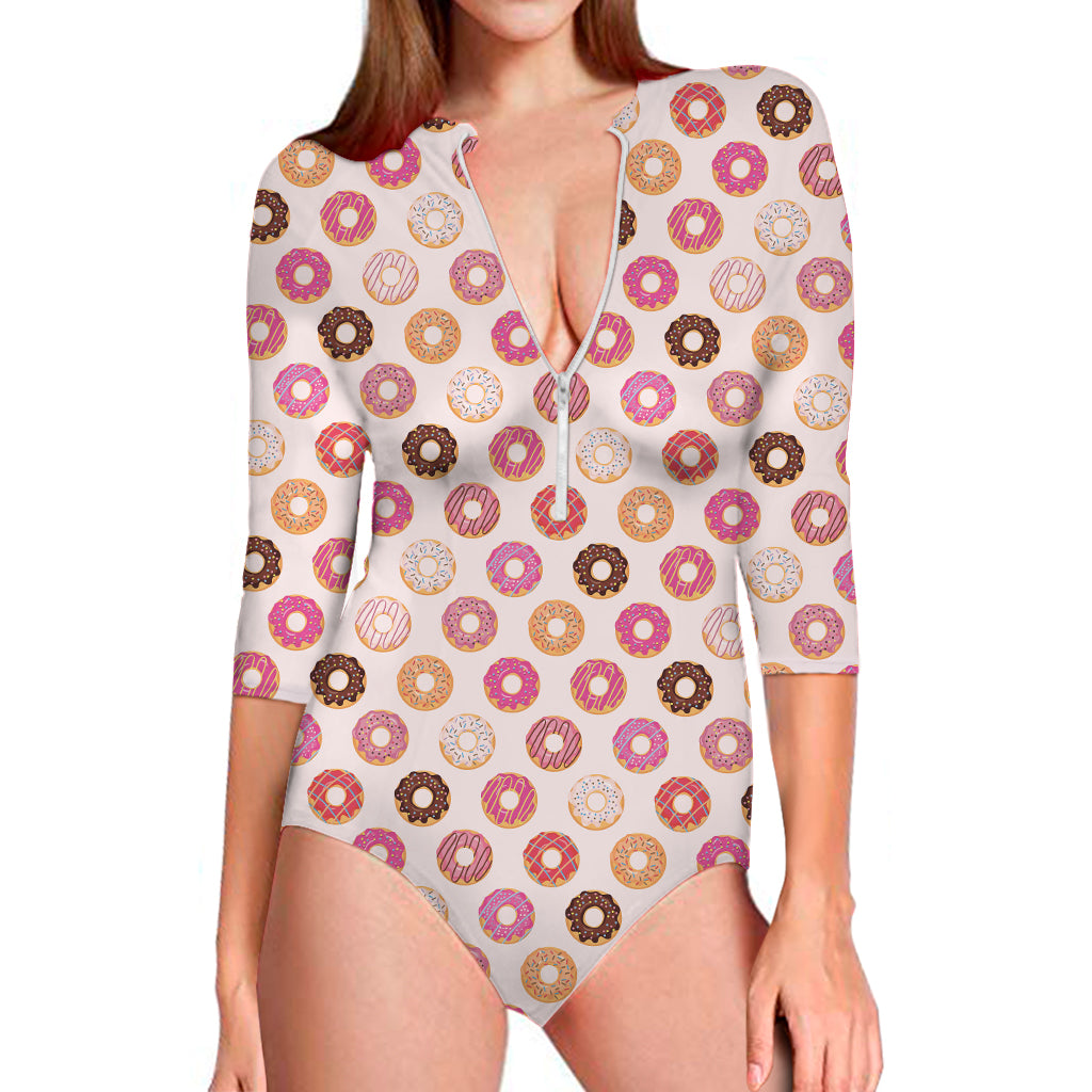 Pastel Donut Pattern Print Long Sleeve One Piece Swimsuit