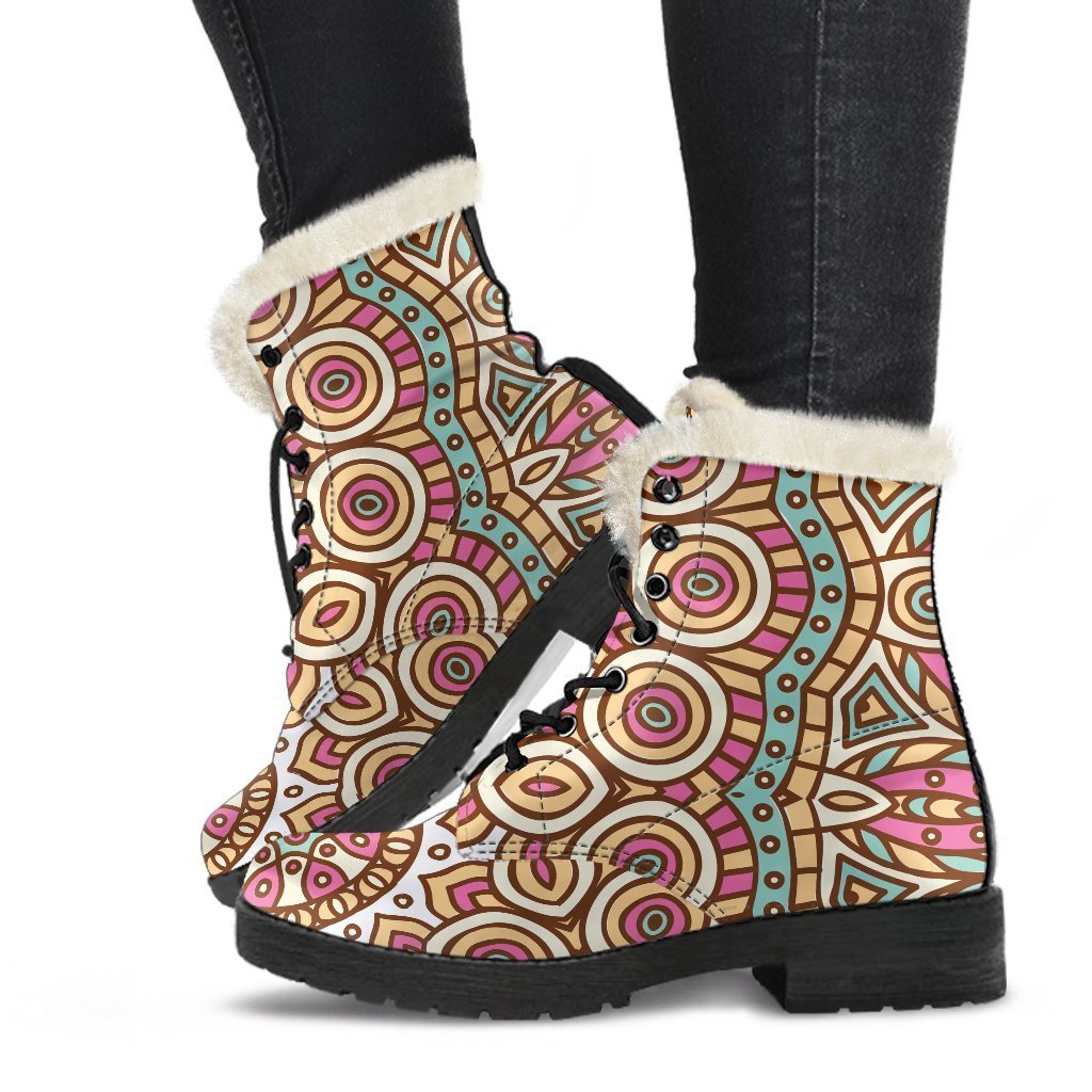 Pastel Ethnic Mandala Print Faux Fur Leather Boots