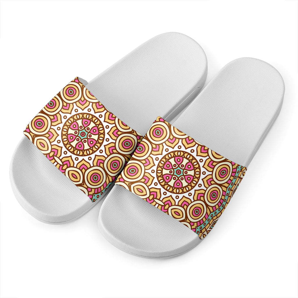 Pastel Ethnic Mandala Print White Slide Sandals